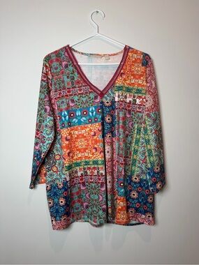 Sunny Leigh Multi-Color Patchwork V-Neck Blouse Women’s Large